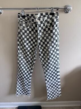 MOTHER The Insider Ankle Fray Jeans On Your Mark Checkerboard Black White Sz 26